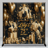 Lofaris Custom 75th Birthday Backdrop for Her Black and Gold Balloons with Roses Elegant Milestone Party Photo Prop